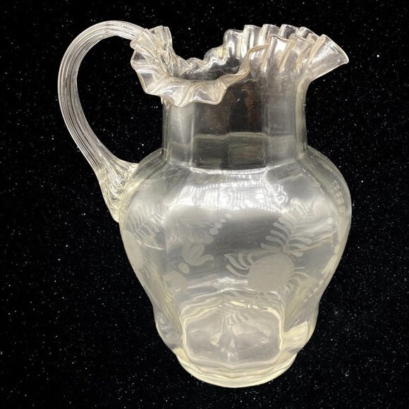 Art Glass Etched Ruffled Edge Applied Handle Pitcher Hand Blown 9”T 6.5”W - Picture 1 of 8